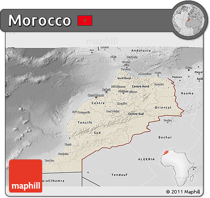 Shaded Relief 3D Map of Morocco, desaturated