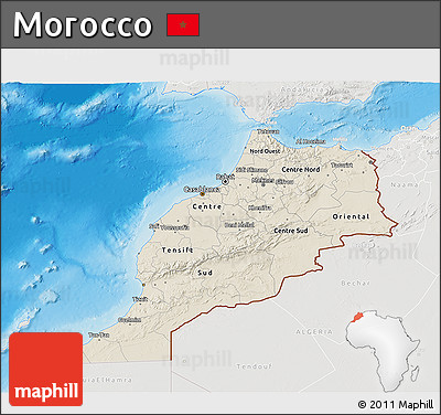Shaded Relief 3D Map of Morocco, lighten, semi-desaturated, land only