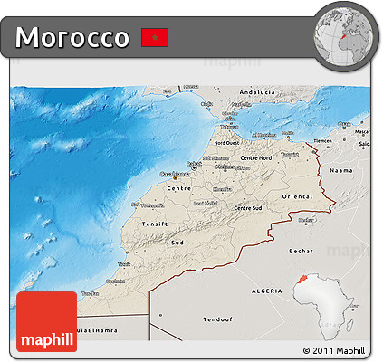 Shaded Relief 3D Map of Morocco, semi-desaturated, land only