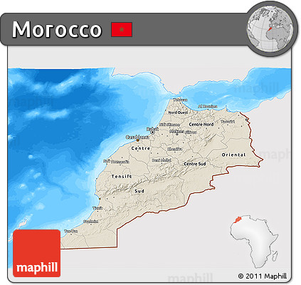 Shaded Relief 3D Map of Morocco, single color outside, bathymetry sea