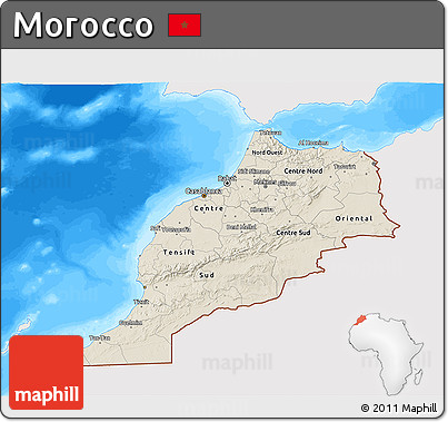 Shaded Relief 3D Map of Morocco, single color outside, bathymetry sea