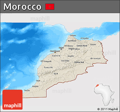 Shaded Relief 3D Map of Morocco, single color outside, bathymetry sea