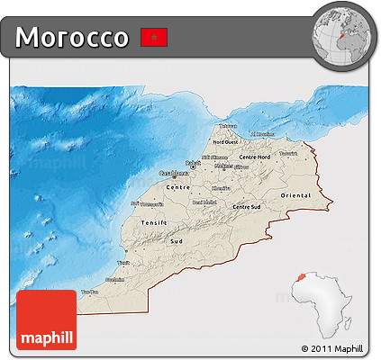 Shaded Relief 3D Map of Morocco, single color outside, bathymetry sea, shaded relief sea