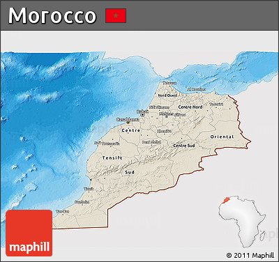 Shaded Relief 3D Map of Morocco, single color outside, bathymetry sea, shaded relief sea