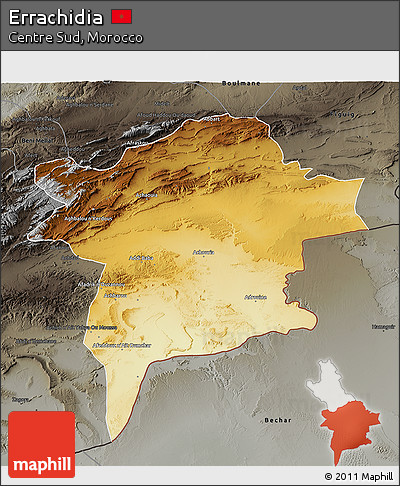 Physical 3D Map of Errachidia, darken, semi-desaturated