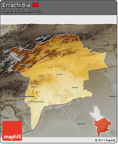 Physical 3D Map of Errachidia, darken, semi-desaturated