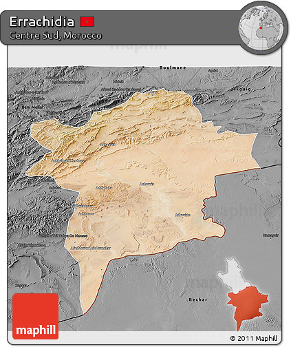 Satellite 3D Map of Errachidia, darken, desaturated