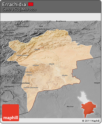 Satellite 3D Map of Errachidia, darken, desaturated