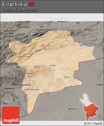 Satellite 3D Map of Errachidia, darken, semi-desaturated