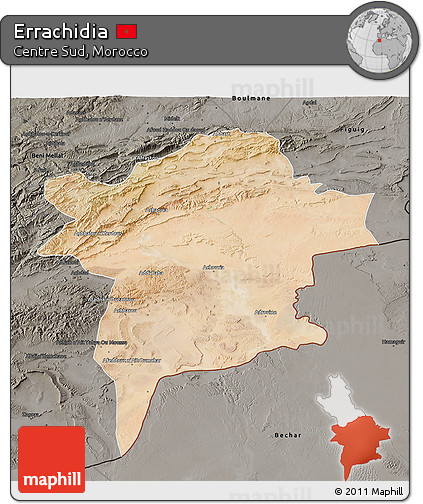 Satellite 3D Map of Errachidia, darken, semi-desaturated