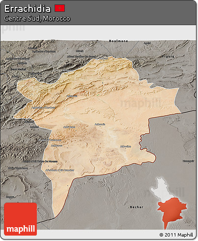 Satellite 3D Map of Errachidia, darken, semi-desaturated