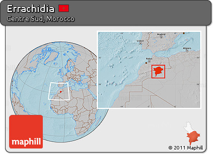 Gray Location Map of Errachidia, within the entire country, hill shading