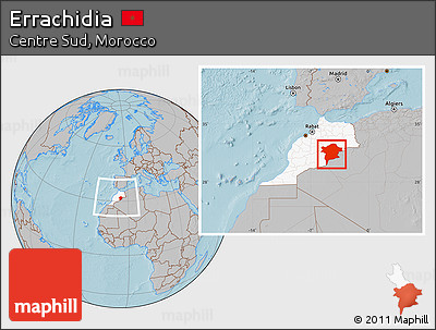 Gray Location Map of Errachidia, highlighted country, within the entire country, hill shading