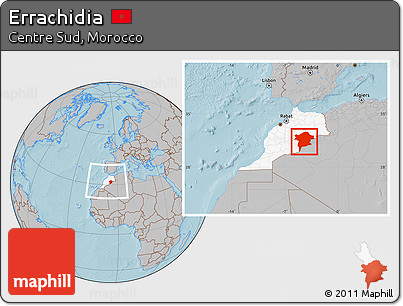 Gray Location Map of Errachidia, highlighted country, within the entire country, hill shading