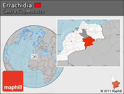 Gray Location Map of Errachidia, highlighted country, highlighted parent region, hill shading