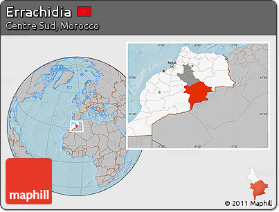 Gray Location Map of Errachidia, highlighted country, highlighted parent region, hill shading