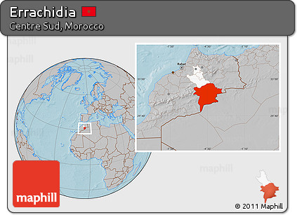 Gray Location Map of Errachidia, highlighted parent region, hill shading
