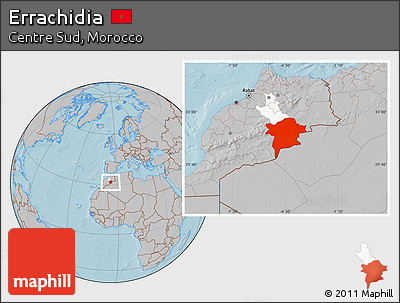 Gray Location Map of Errachidia, highlighted parent region, hill shading