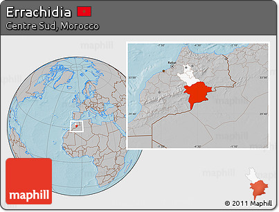 Gray Location Map of Errachidia, highlighted parent region, hill shading
