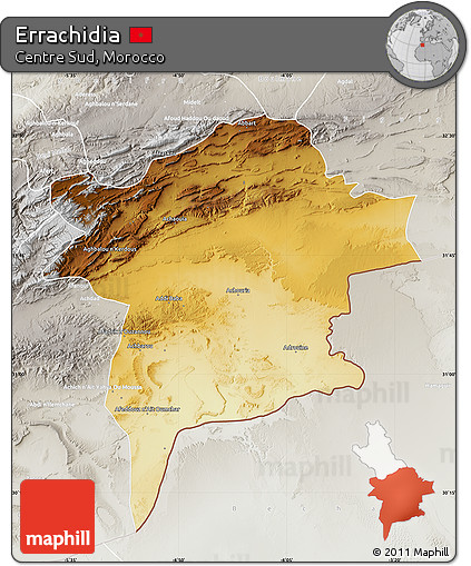 Physical Map of Errachidia, lighten, semi-desaturated