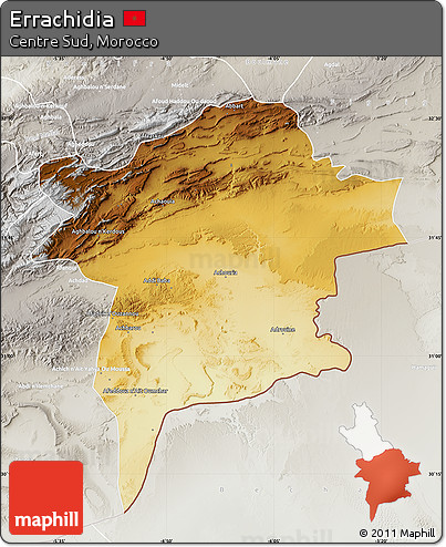 Physical Map of Errachidia, lighten, semi-desaturated
