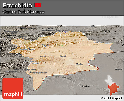 Satellite Panoramic Map of Errachidia, darken, semi-desaturated