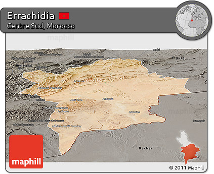 Satellite Panoramic Map of Errachidia, darken, semi-desaturated