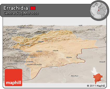 Satellite Panoramic Map of Errachidia, semi-desaturated
