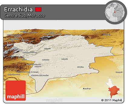 Shaded Relief Panoramic Map of Errachidia, physical outside