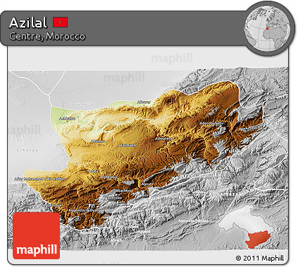 Physical 3D Map of Azilal, lighten, desaturated