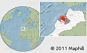 Savanna Style Location Map of Settat, highlighted country, highlighted parent region, hill shading