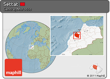 Savanna Style Location Map of Settat, highlighted country, hill shading