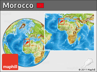 Physical Location Map of Morocco, within the entire continent