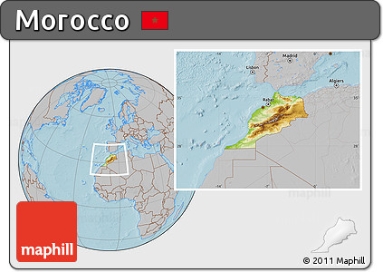Physical Location Map of Morocco, gray outside, hill shading
