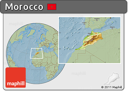 Physical Location Map of Morocco, savanna style outside, hill shading