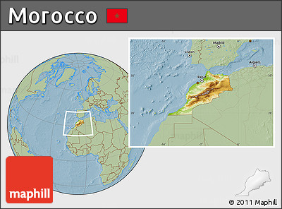 Physical Location Map of Morocco, savanna style outside, hill shading