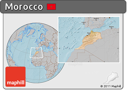 Satellite Location Map of Morocco, gray outside, hill shading