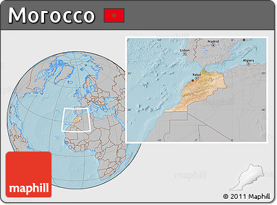 Satellite Location Map of Morocco, gray outside, hill shading