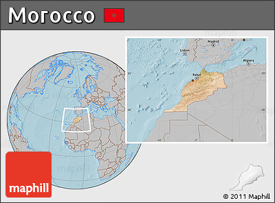 Satellite Location Map of Morocco, gray outside, hill shading
