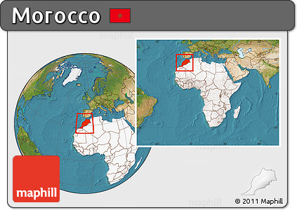 Satellite Location Map of Morocco, highlighted continent, within the entire continent