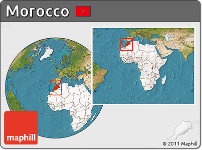 Satellite Location Map of Morocco, highlighted continent, within the entire continent