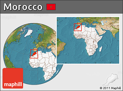Satellite Location Map of Morocco, highlighted continent, within the entire continent