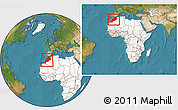 Satellite Location Map of Morocco, highlighted continent, within the entire continent