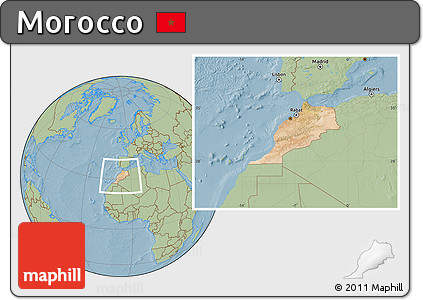Satellite Location Map of Morocco, savanna style outside, hill shading
