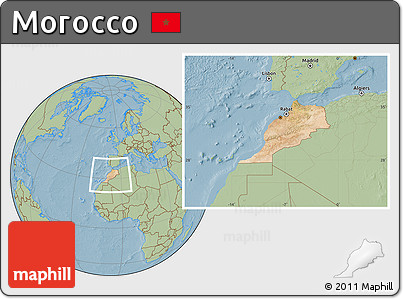 Satellite Location Map of Morocco, savanna style outside, hill shading