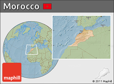 Satellite Location Map of Morocco, savanna style outside, hill shading
