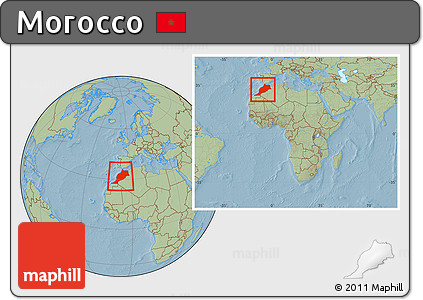 Savanna Style Location Map of Morocco, within the entire continent, hill shading