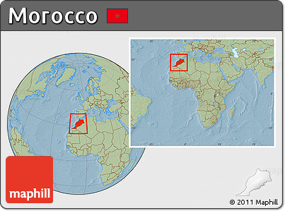 Savanna Style Location Map of Morocco, within the entire continent, hill shading
