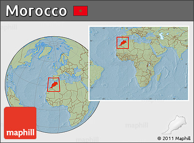 Savanna Style Location Map of Morocco, within the entire continent, hill shading