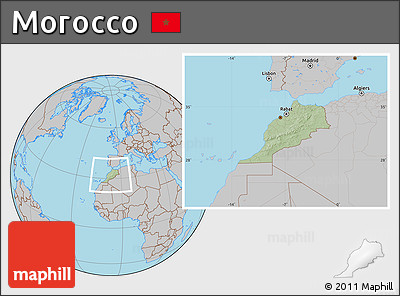 Savanna Style Location Map of Morocco, gray outside, hill shading inside